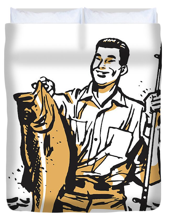 Activity Duvet Cover featuring the drawing Man Who Caught Big Fish #7 by CSA Images