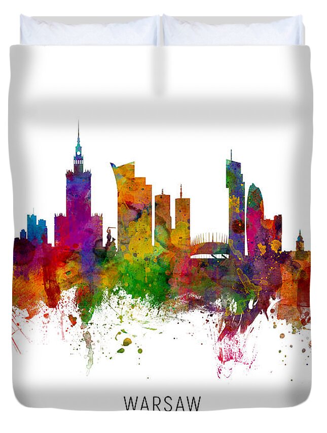 Warsaw Duvet Cover featuring the digital art Warsaw Poland Skyline by Michael Tompsett