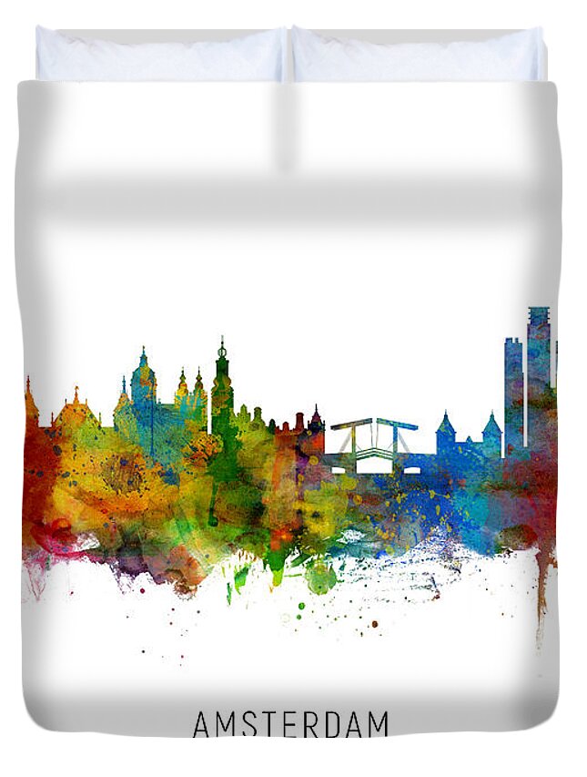 Amsterdam Duvet Cover featuring the digital art Amsterdam The Netherlands Skyline by Michael Tompsett