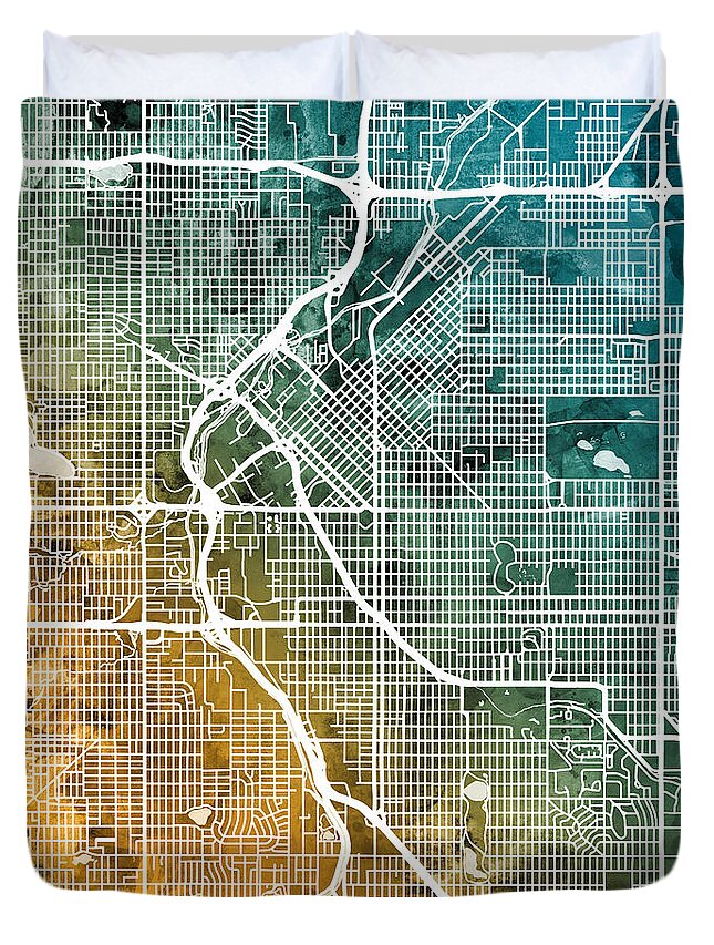 Denver Duvet Cover featuring the digital art Denver Colorado Street Map by Michael Tompsett