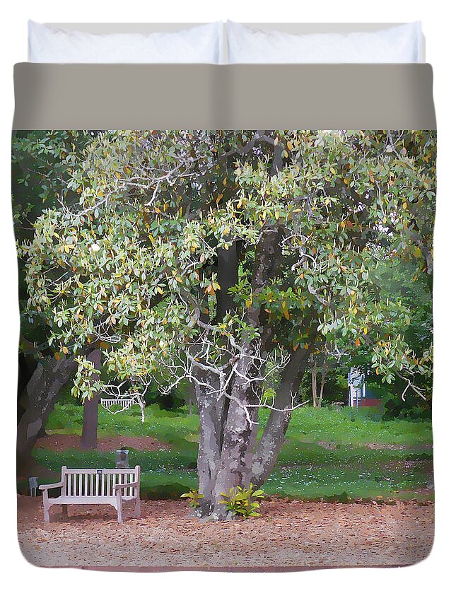 Bench Duvet Cover featuring the painting A bench in a country garden 4 by Jeelan Clark