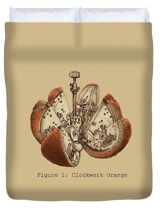 Orange Duvet Cover featuring the drawing Steampunk Orange - Option by Eric Fan