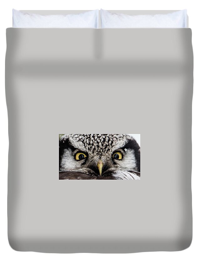 Northern Hawk Owl Duvet Cover featuring the photograph A closeup of The Northern Hawk Owl by Torbjorn Swenelius