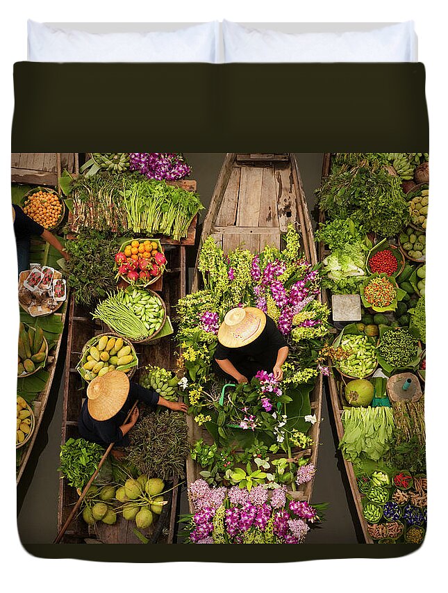 People Duvet Cover featuring the photograph A Floating Market On A Canal In by Mint Images - Art Wolfe