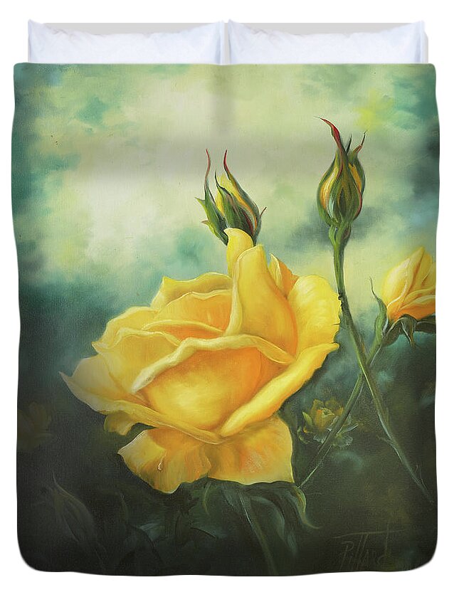 Rose Duvet Cover featuring the painting Yellow Friendship Rose by Lynne Pittard