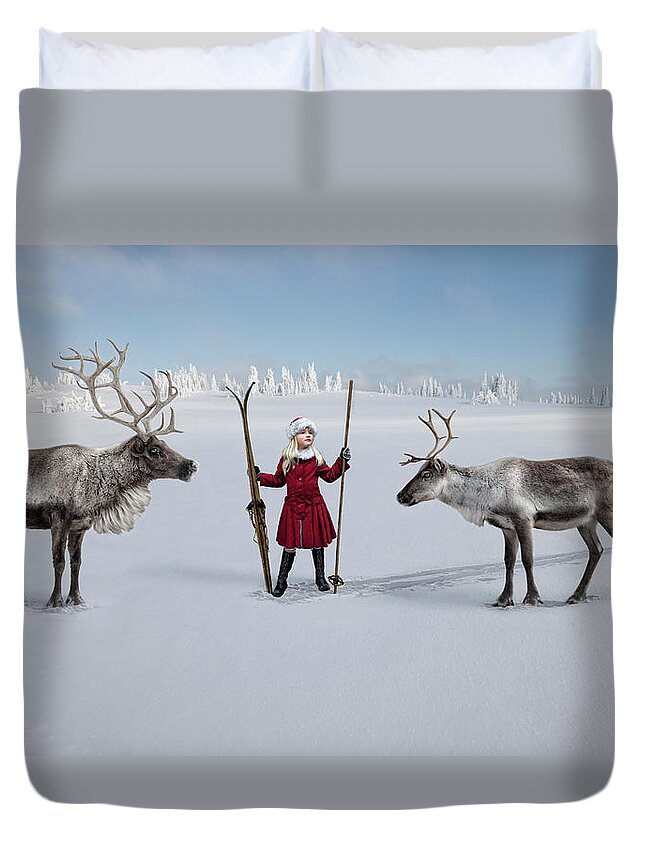 Skiing Duvet Cover featuring the photograph A Girl With Skis And Two Reindeer In by Per Breiehagen