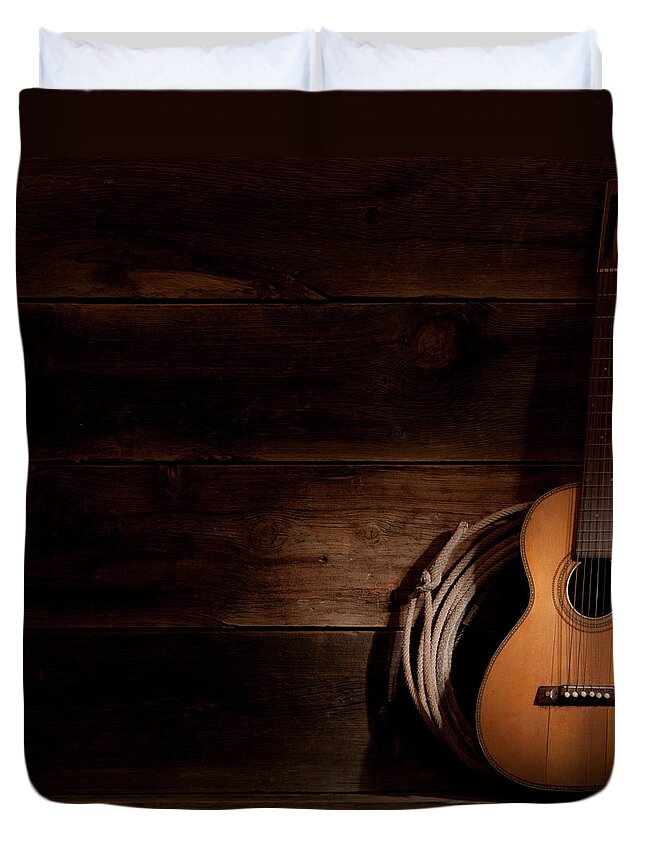 Country And Western Music Duvet Cover featuring the photograph A Guitar In The Shadows, Leaning by Garyalvis