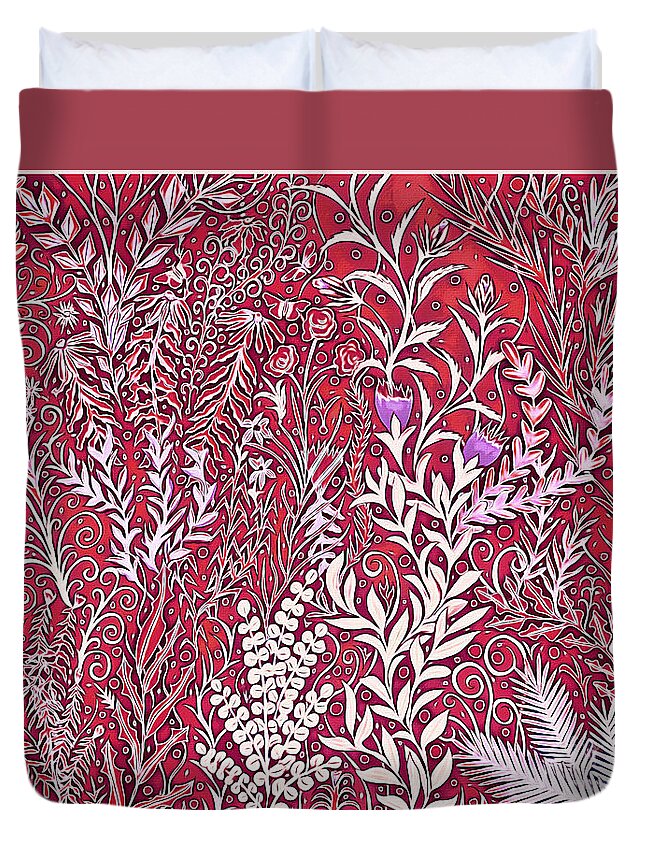 Lise Winne Duvet Cover featuring the painting A Jumble of a Garden in Red and Purple by Lise Winne