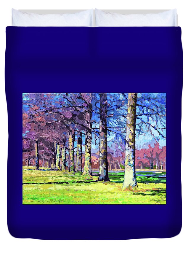 Trees Duvet Cover featuring the painting A Line of Pin Oaks by John Lautermilch