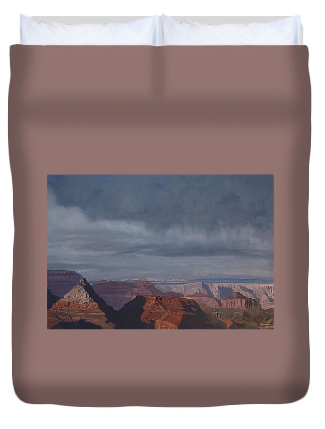 Grand Canyon Duvet Cover featuring the painting A little rain over the canyon by Barbara Barber