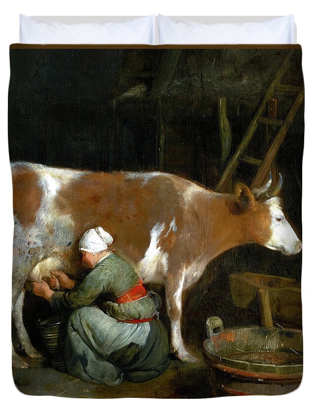 Gerard Ter Borch Duvet Cover featuring the painting A Maid Milking a Cow in a Barn by Audrey Jeanne Roberts
