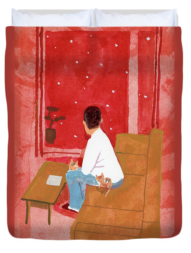 A Man Watching The City Of Snow From The Living Room Duvet Cover featuring the painting A Man Watching The City Of Snow From The Living Room by Hiroyuki Izutsu