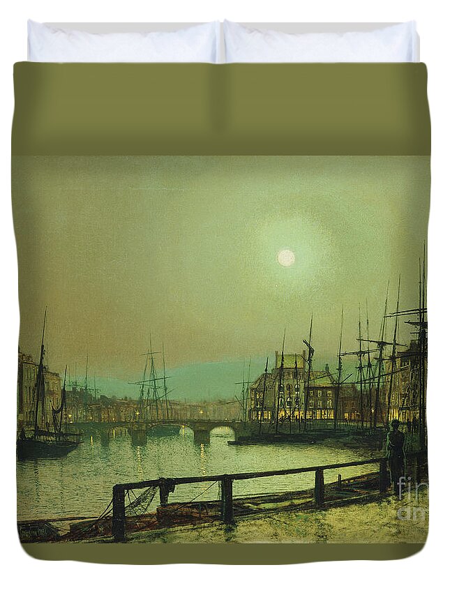 Art Duvet Cover featuring the painting A Moonlit Harbour, 1883 by John Atkinson Grimshaw