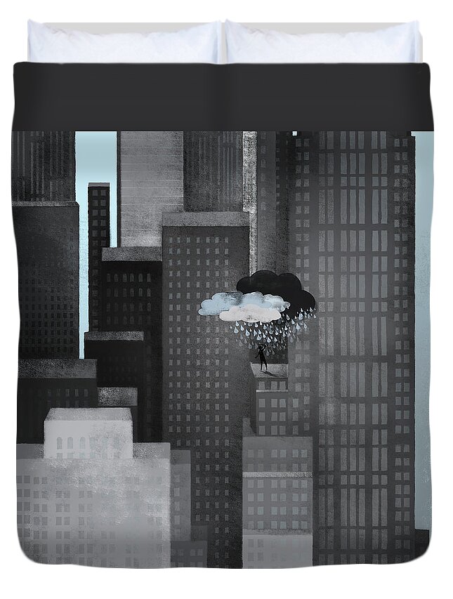 Problems Duvet Cover featuring the digital art A Person On A Skyscraper Under A Storm by Jutta Kuss