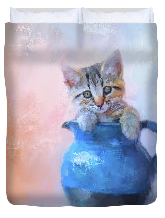 Colorful Duvet Cover featuring the painting A Pitcher Full of Purrfection by Jai Johnson
