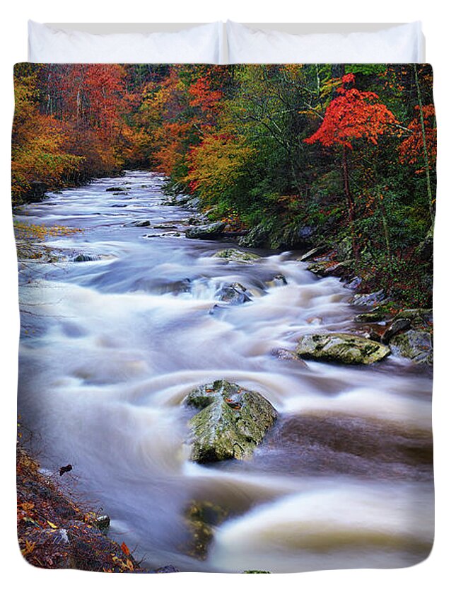 Great Smoky Mountains National Park Duvet Cover featuring the photograph A River Runs Through Autumn by Greg Norrell