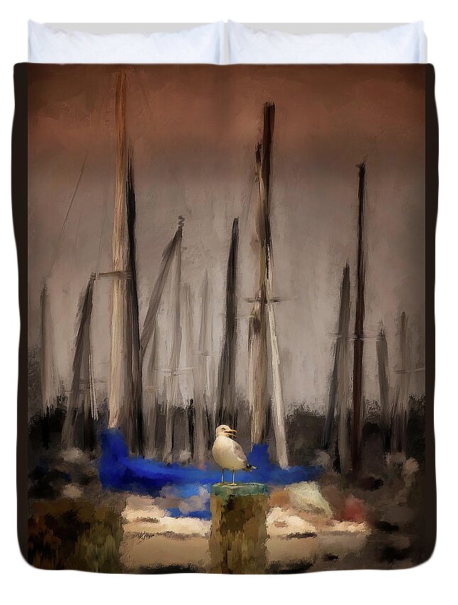Boats Duvet Cover featuring the digital art A Seagull At Pirates Cove by Lois Bryan