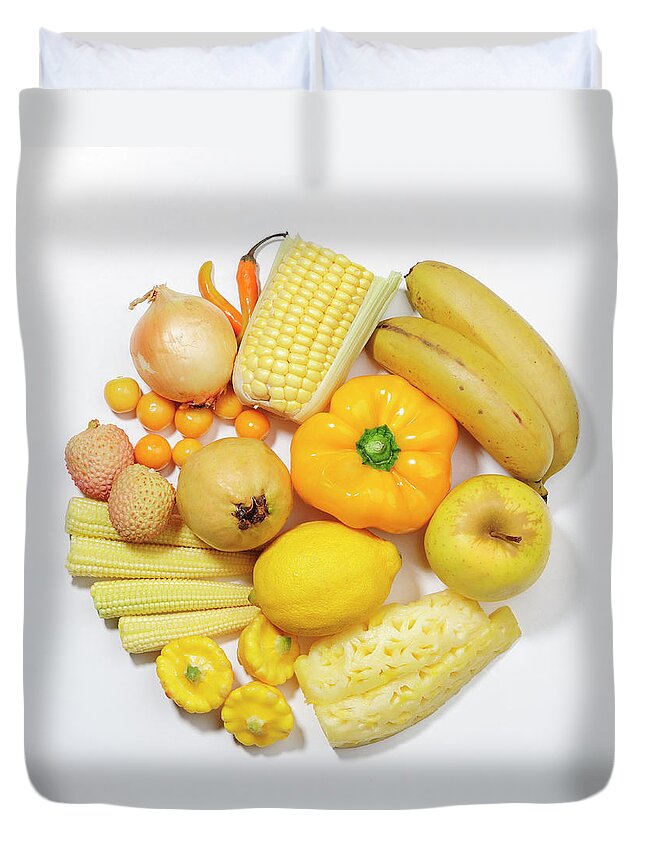 White Background Duvet Cover featuring the photograph A Selection Of Yellow Fruits & by David Malan
