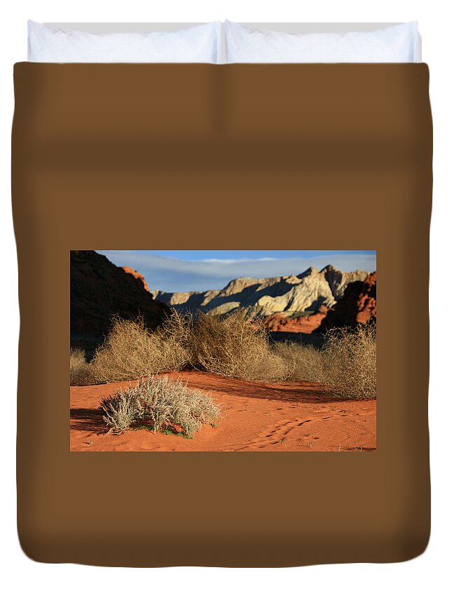 Scenics Duvet Cover featuring the photograph A Series Of Tumbleweeds In A Burnt by Imaginegolf