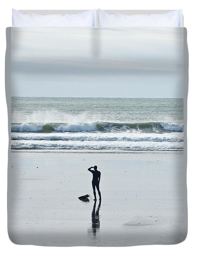 Young Men Duvet Cover featuring the photograph A Surfer Watches The Waves Before by Mark Marchesi