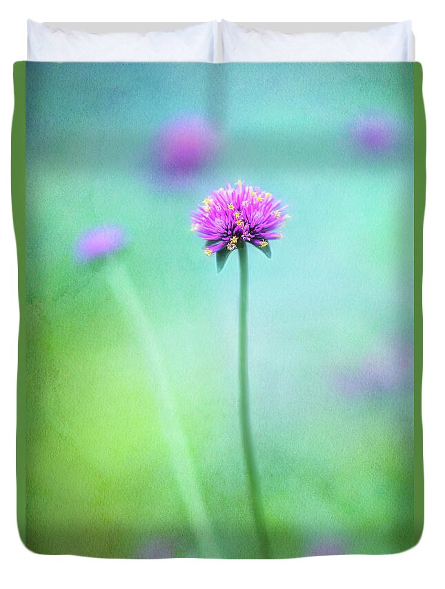 Gomphrena Pulchella Duvet Cover featuring the photograph A Tiny Charmer in Hot Pink by Anita Pollak