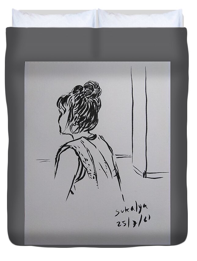 Woman Duvet Cover featuring the drawing A woman at the gym by Sukalya Chearanantana
