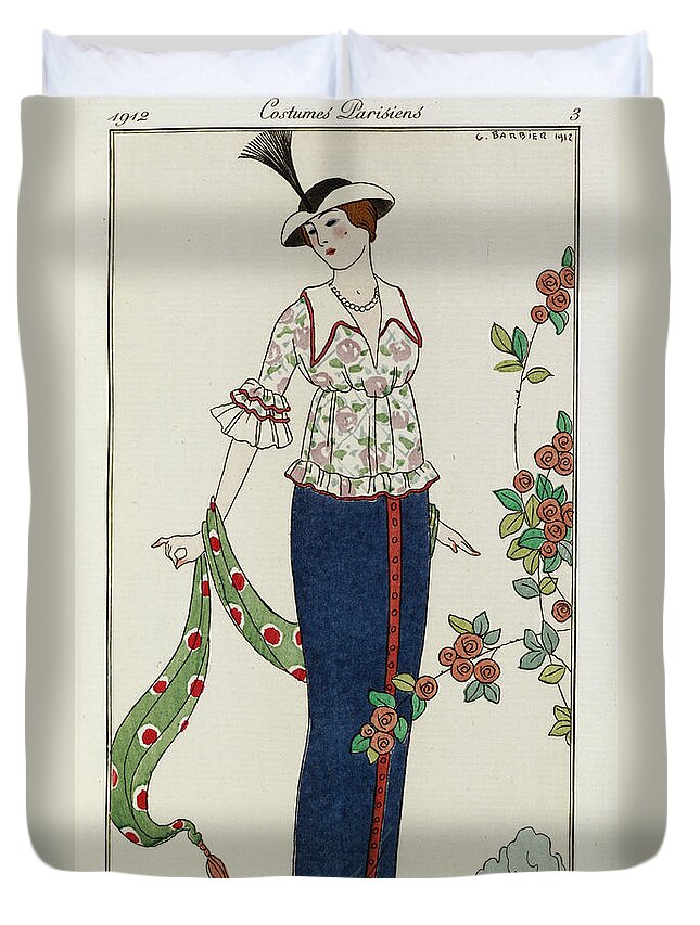 Barbier Duvet Cover featuring the painting A Woman Wearing A Summer Blouse And Skirt She Holds A Green Scarf She Wears A Hat With A Feather by Georges Barbier