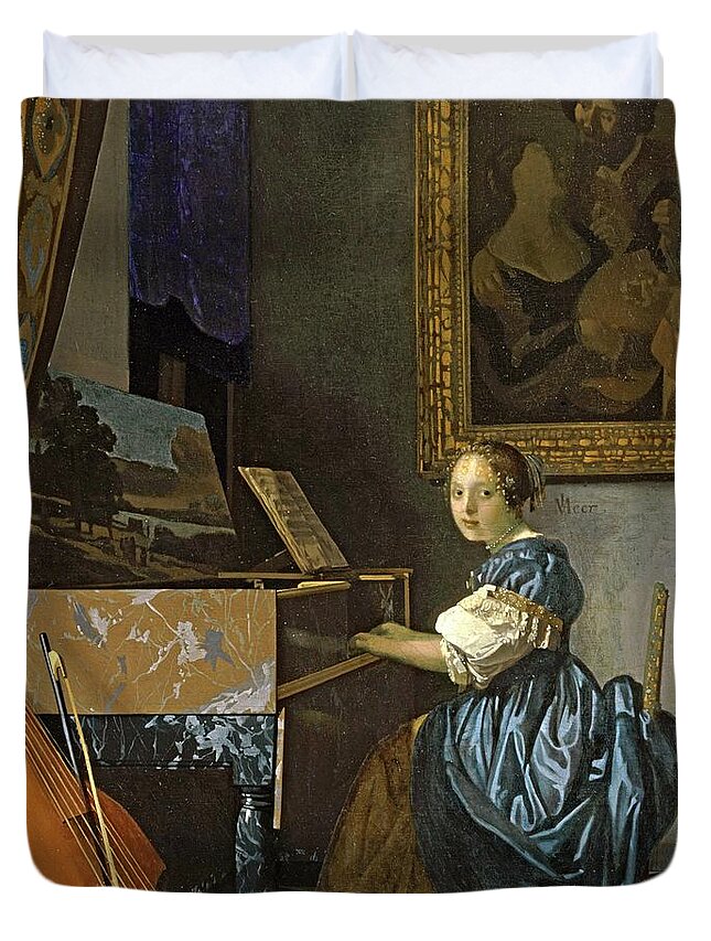 Johannes Vermeer Duvet Cover featuring the painting A young woman seated at the virginal, around 1670, oil on canvas, 51,5 x 45,5 cm. by Jan Vermeer -1632-1675-