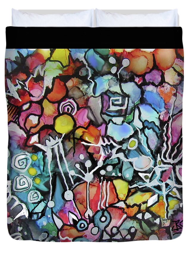 Alcohol Ink Duvet Cover featuring the painting A Zentangle Dance by Jean Batzell Fitzgerald