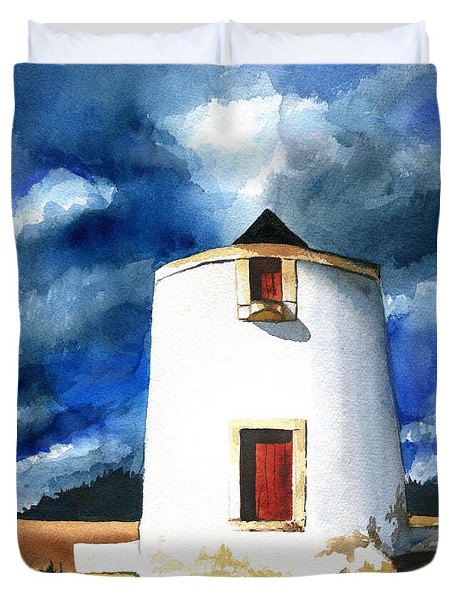 Portugal Duvet Cover featuring the painting Abandoned Portuguese Windmill by Dora Hathazi Mendes