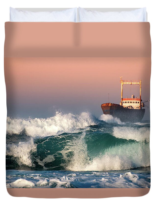 Sea Duvet Cover featuring the photograph Abandoned Ship and the stormy waves by Michalakis Ppalis
