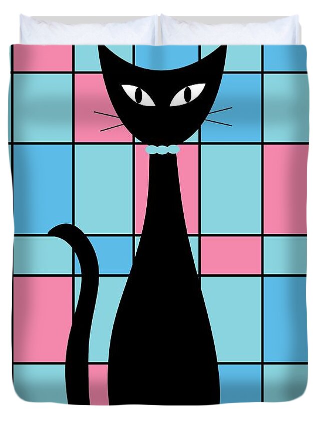 Mid Century Modern Duvet Cover featuring the digital art Abstract Cat in Blue and Pink by Donna Mibus