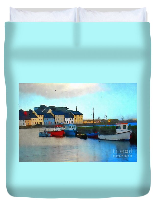Galway Duvet Cover featuring the painting Painting Of Claddagh Basin Galway Cty Ireland by Mary Cahalan Lee - aka PIXI