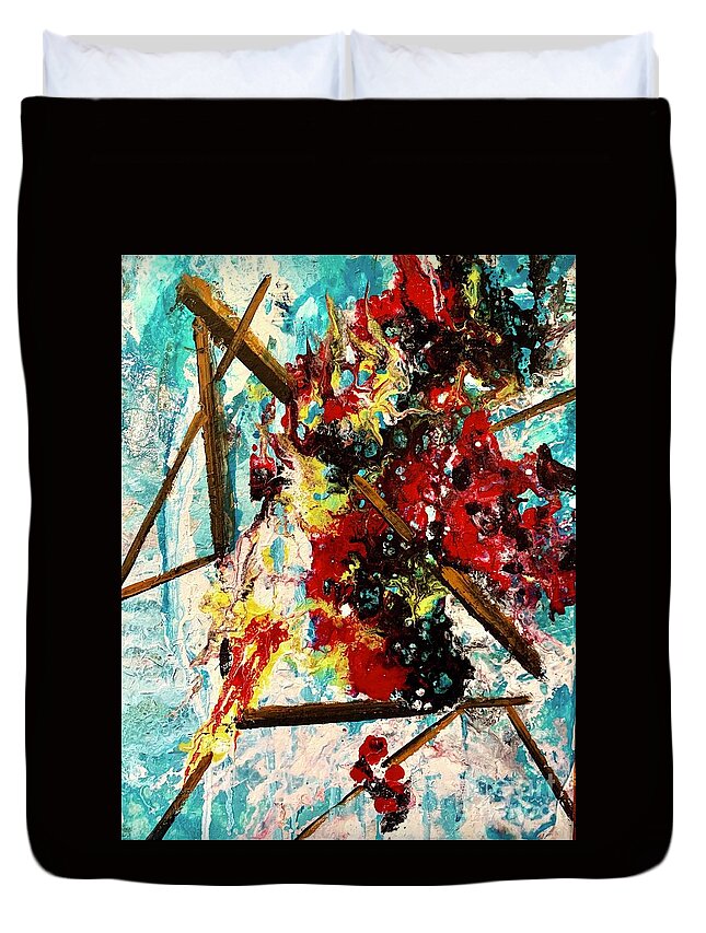 Miroslaw Chelchowski Abstract Painting Acrylic On Canvas Colors Red Blue Geometric Splash Brown Water Black Print Wave Fire Mast Mixing Duvet Cover featuring the painting Abstract by Miroslaw Chelchowski