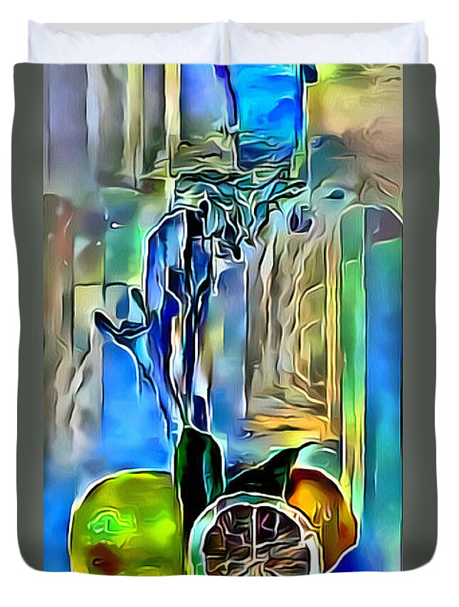 Lemons Duvet Cover featuring the digital art Abstract work of art with lemons and a splash effect by Gina Koch