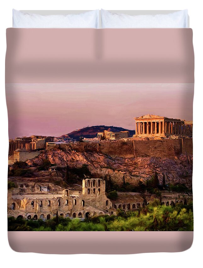 Troy Caperton Duvet Cover featuring the painting Acropolis at Twilight by Troy Caperton