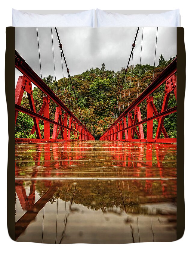 Tranquility Duvet Cover featuring the photograph Across Red Bridge by Jason Arney