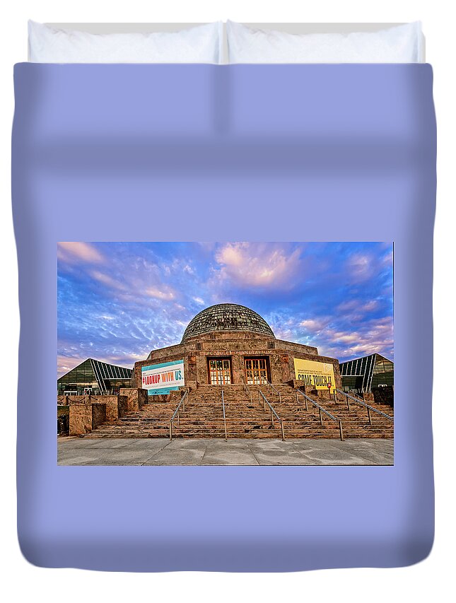 Adler Planetarium Duvet Cover featuring the photograph Adler Planetarium at Sunset by Mitchell R Grosky