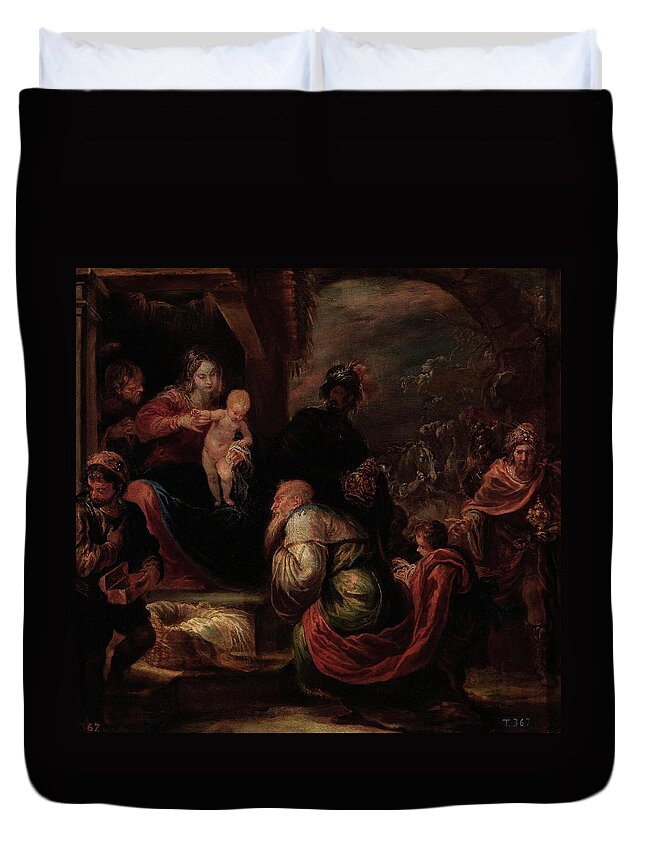 Adoration Of The Magi Duvet Cover featuring the painting 'Adoration of the Magi', ca. 1670, Spanish School, Canvas, 54 cm x 57 cm, P01129. by Francisco Rizi -1614-1685-