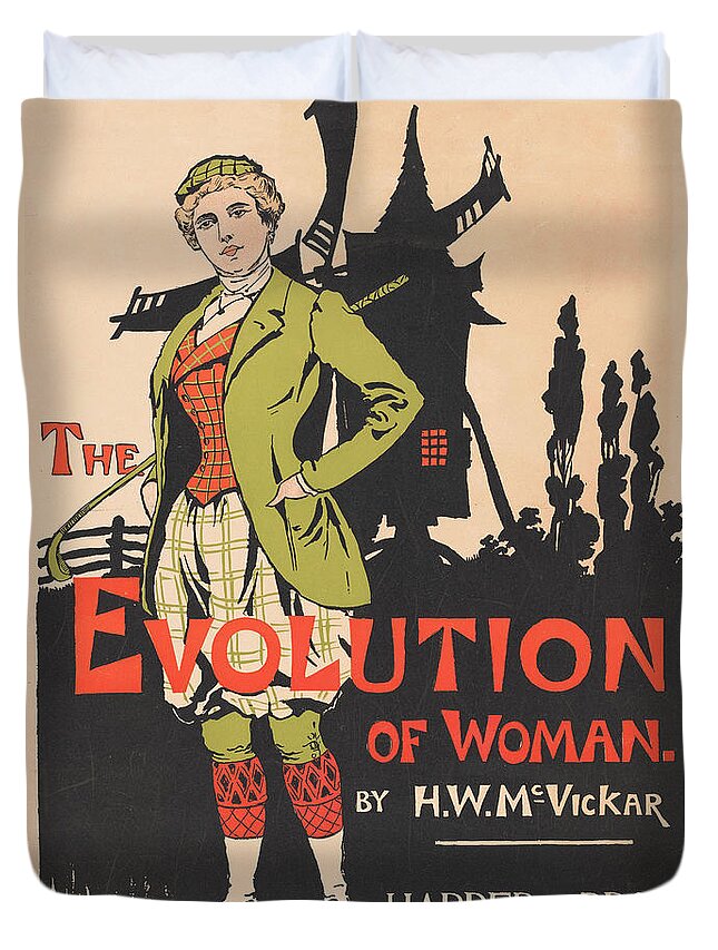 Advertising For The Evolution Of Woman By Harry Whitney Mcvickar Duvet Cover featuring the painting Advertising for The Evolution of Woman by Harry Whitney McVickar, 1896 by Anonymous
