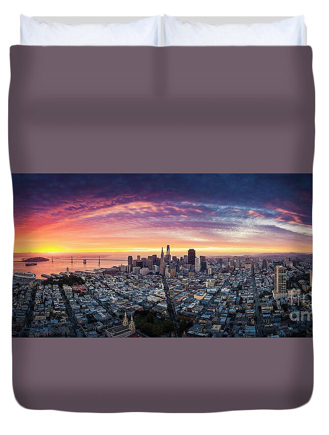 Bay Bridge Duvet Cover featuring the photograph Aerial Panoramic View of San Francisco Skyline at Sunrise by Hey Engel