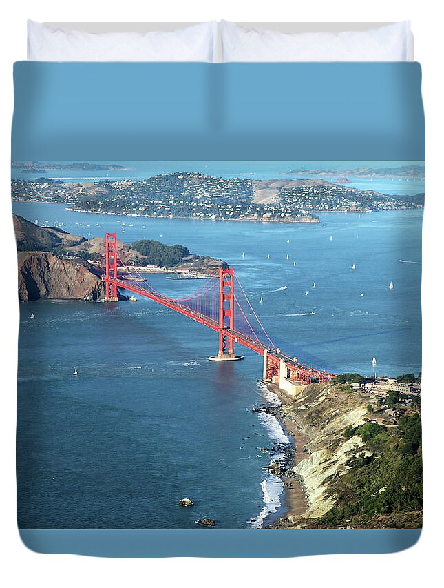 San Francisco Duvet Cover featuring the photograph Aerial View Golden Gate Bridge Looking by Stickney Design