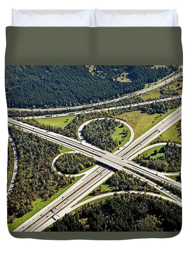 Two Lane Highway Duvet Cover featuring the photograph Aerial View Of Junction In Bavaria by Daniel Reiter