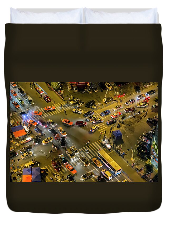 Problems Duvet Cover featuring the photograph Aerial View Of Road Intersection With by Andre Vogelaere
