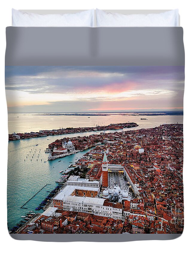 Venice Duvet Cover featuring the photograph Aerial view of sunset in Venice, Veneto, Italy by Matteo Colombo