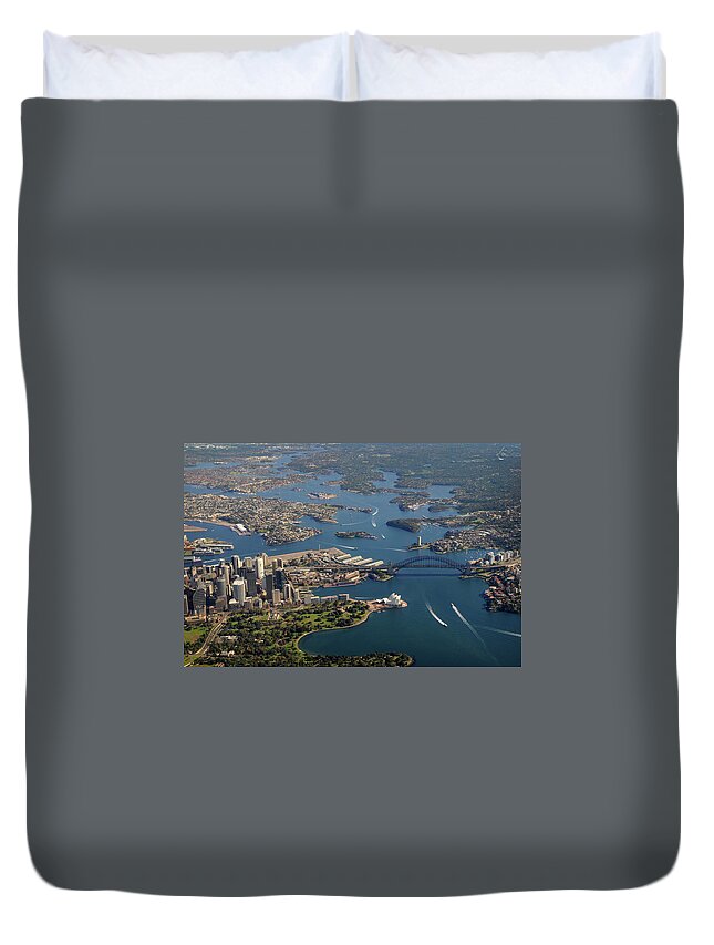 Downtown District Duvet Cover featuring the photograph Aerial View Of Sydney Harbour Bridge by Lighthousebay