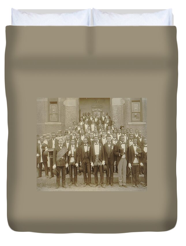 Negroes Duvet Cover featuring the painting African American men posed at entrance to building, some with derbies and top hats, and banner labeled Waiters Union in Georgia by Unknown