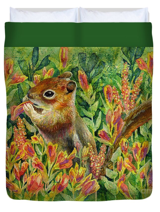 Chipmunk Duvet Cover featuring the painting Afternoon Feast by Hailey E Herrera