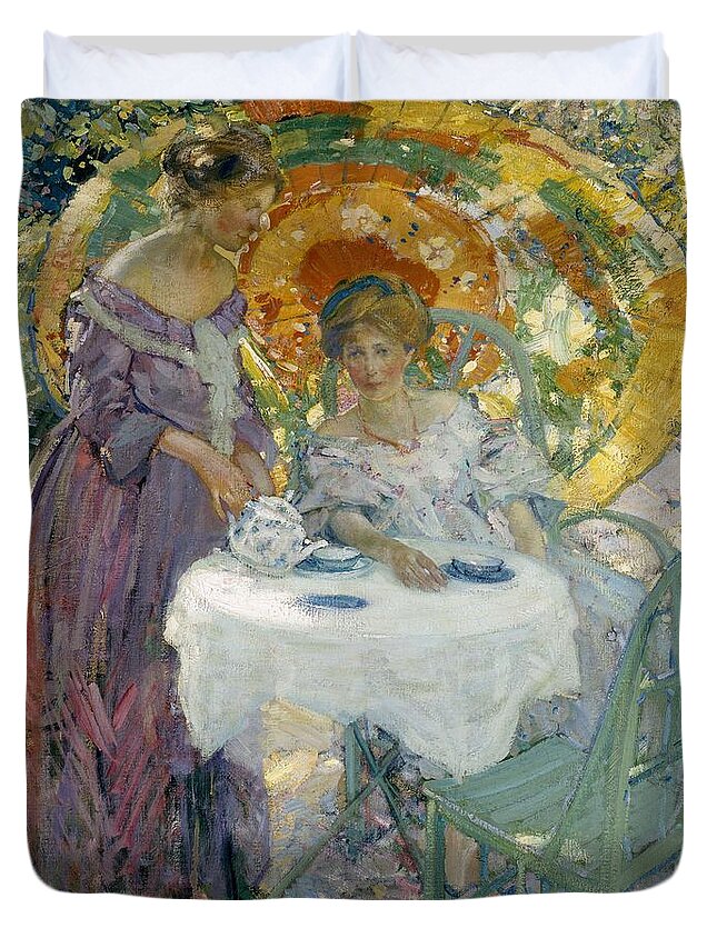 Girl Duvet Cover featuring the painting Afternoon Tea 1910 Richard Emile Miller by Richard Emile Miller