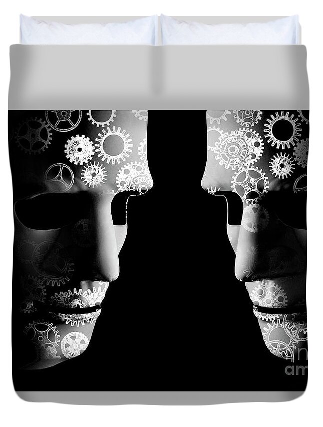 Mask Duvet Cover featuring the photograph AI robotic concept with cogs for brains by Simon Bratt